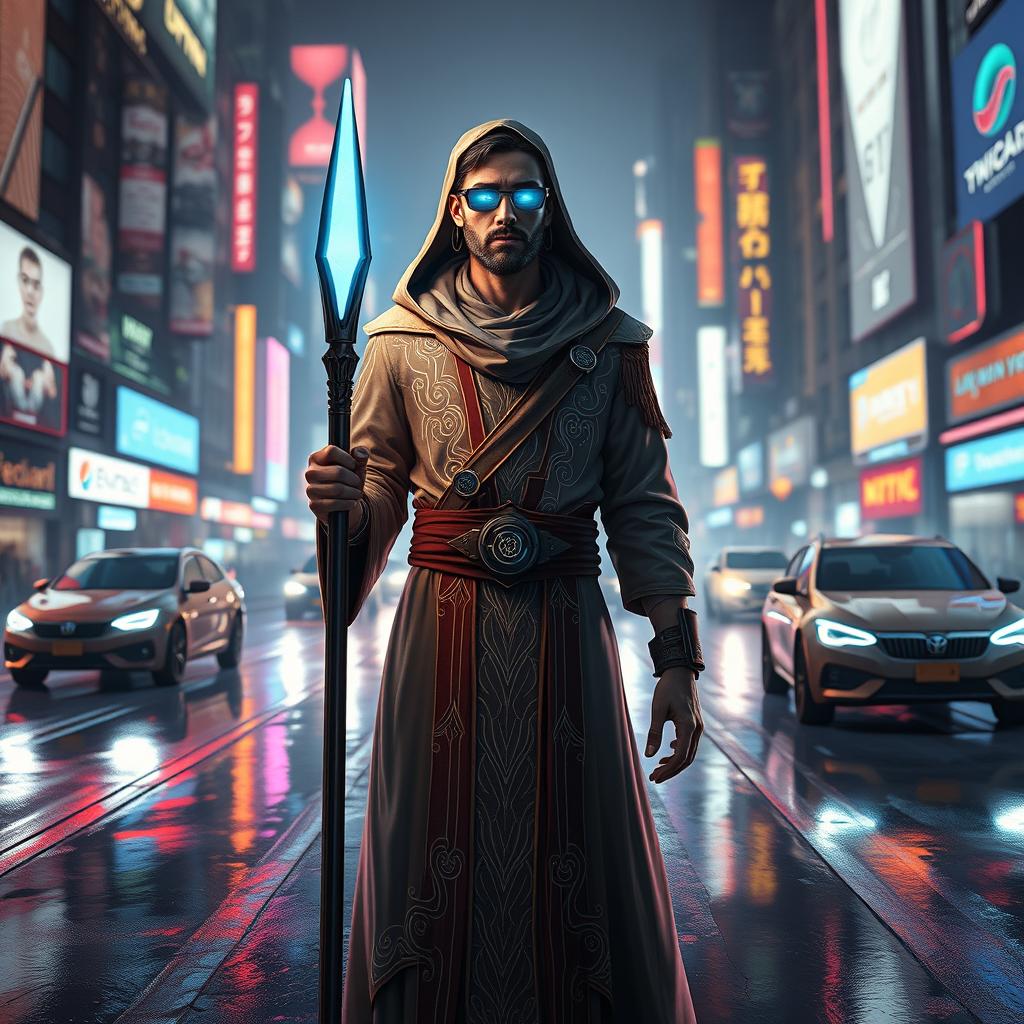 A futuristic cyberpunk cleric standing in a neon-lit cityscape