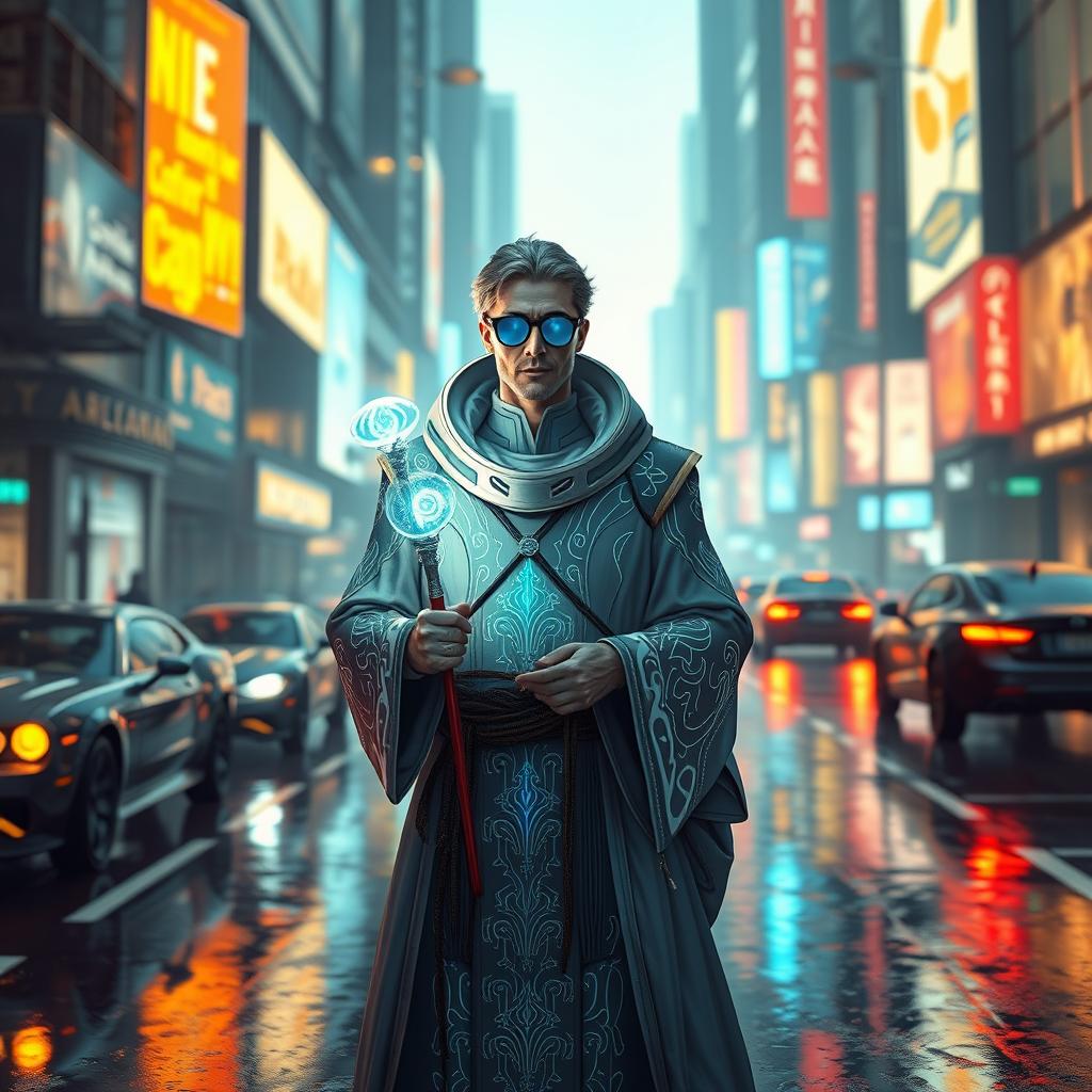 A futuristic cyberpunk cleric standing in a neon-lit cityscape