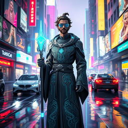 A futuristic cyberpunk cleric standing in a neon-lit cityscape