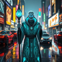 A futuristic cyberpunk cleric standing in a neon-lit cityscape