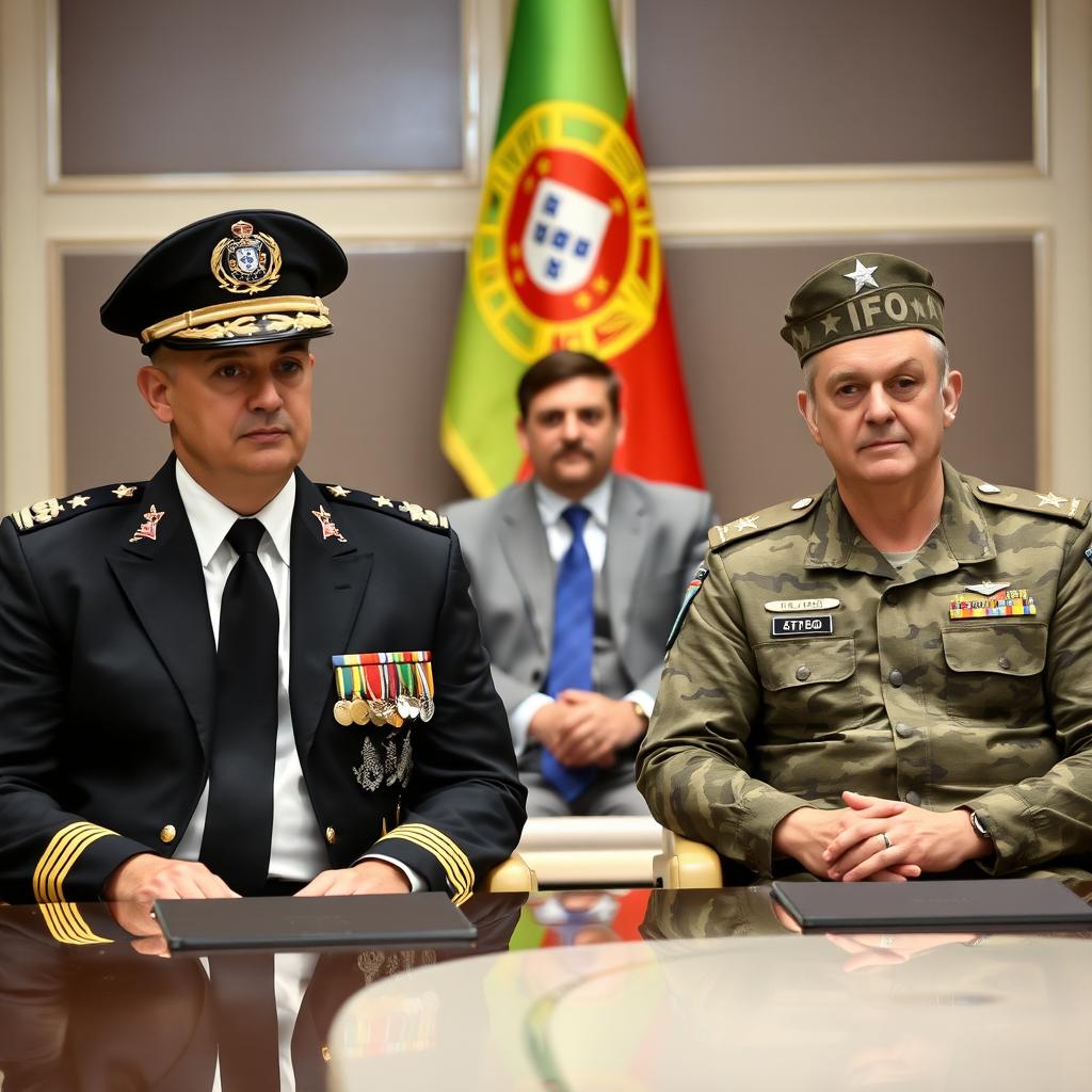 A conference room scene with two commanders seated at a meeting table