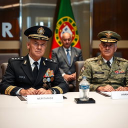 A conference room scene with two commanders seated at a meeting table