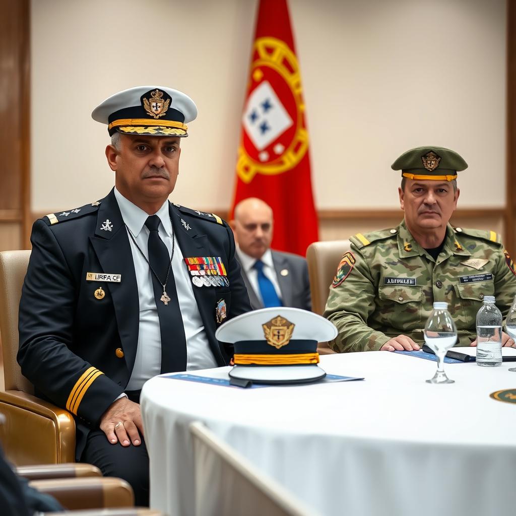 A conference room scene with two commanders seated at a meeting table