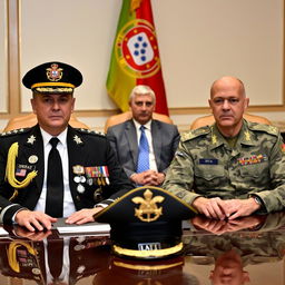 A conference room scene with two commanders seated at a meeting table