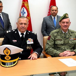 A meeting room scene with two commanders seated at a table