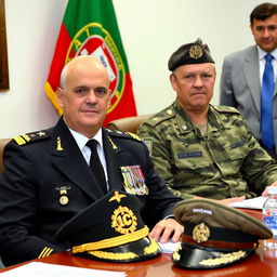 A meeting room scene with two commanders seated at a table