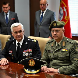 A meeting room scene with two commanders seated at a table