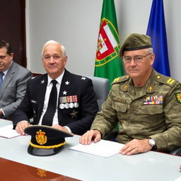 A meeting room scene with two commanders seated at a table