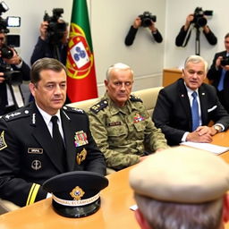 In a meeting room, three commanders are seated at a table