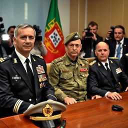 In a meeting room, three commanders are seated at a table