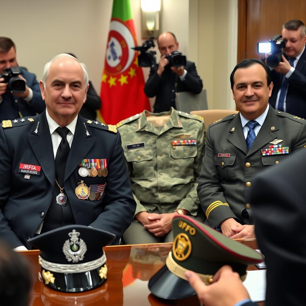 In a meeting room, three commanders are seated at a table