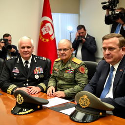 In a meeting room, three commanders are seated at a table