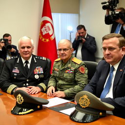 In a meeting room, three commanders are seated at a table