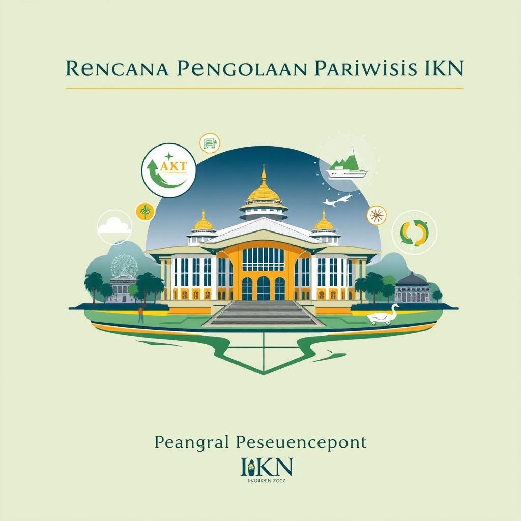 A cover design for a research report titled "Rencana Pengelolaan Pariwisata IKN" featuring a modern and futuristic interpretation of Istana IKN as the central visual element