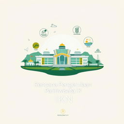 A cover design for a research report titled "Rencana Pengelolaan Pariwisata IKN" featuring a modern and futuristic interpretation of Istana IKN as the central visual element