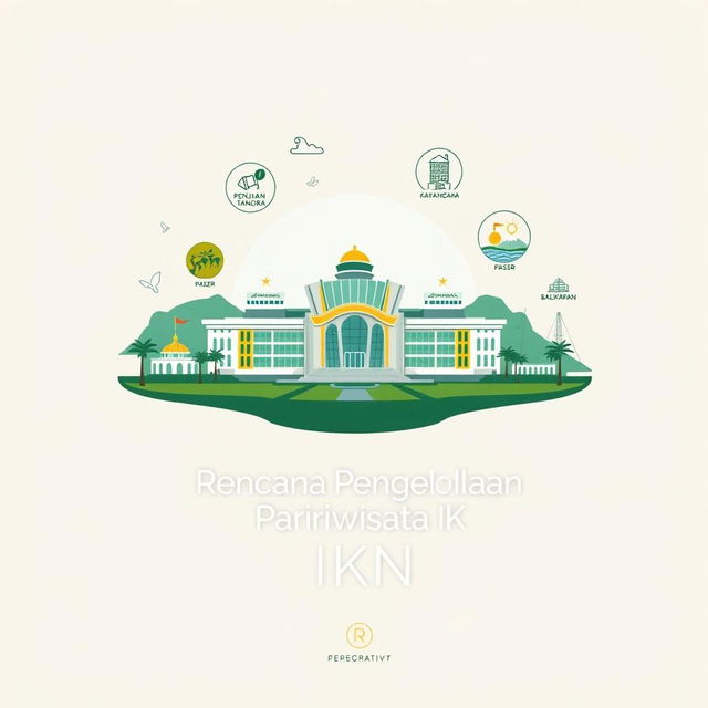 A cover design for a research report titled "Rencana Pengelolaan Pariwisata IKN" featuring a modern and futuristic interpretation of Istana IKN as the central visual element