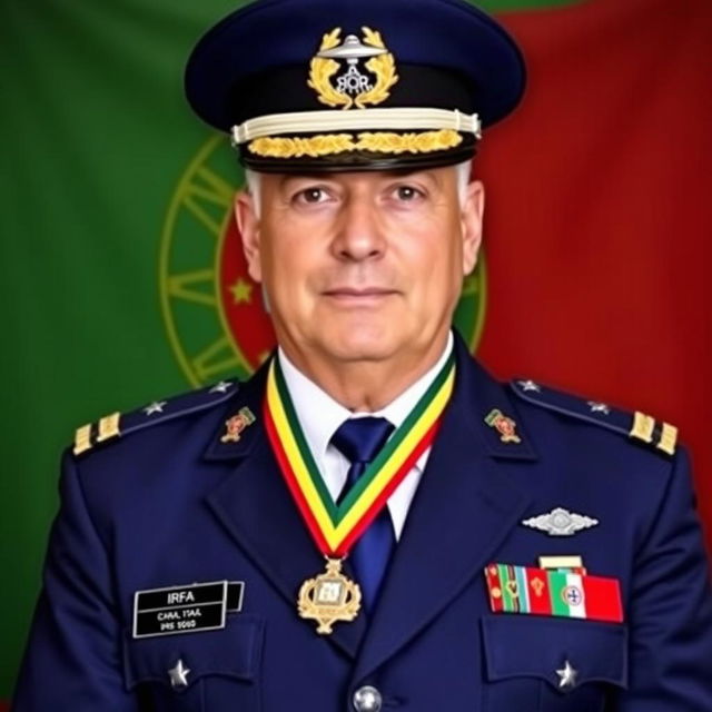 Passport-style photo of a commander wearing a white shirt, dark blue tie, and a dark blue blazer with four small silver stars on each shoulder