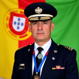 Passport-style photo of a commander wearing a white shirt, dark blue tie, and a dark blue blazer with four small silver stars on each shoulder