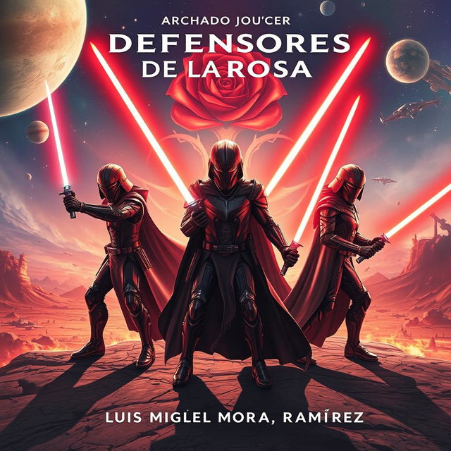 A captivating sci-fi novel cover for 'Defensores de la Rosa' by Luis Miguel Mora Ramírez