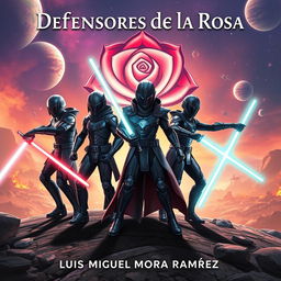 A captivating sci-fi novel cover for 'Defensores de la Rosa' by Luis Miguel Mora Ramírez