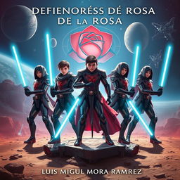 A captivating sci-fi novel cover for 'Defensores de la Rosa' by Luis Miguel Mora Ramírez