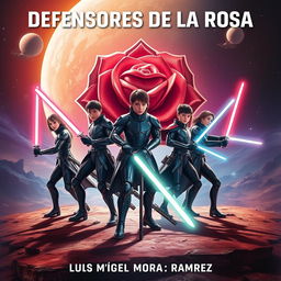 A captivating sci-fi novel cover for 'Defensores de la Rosa' by Luis Miguel Mora Ramírez