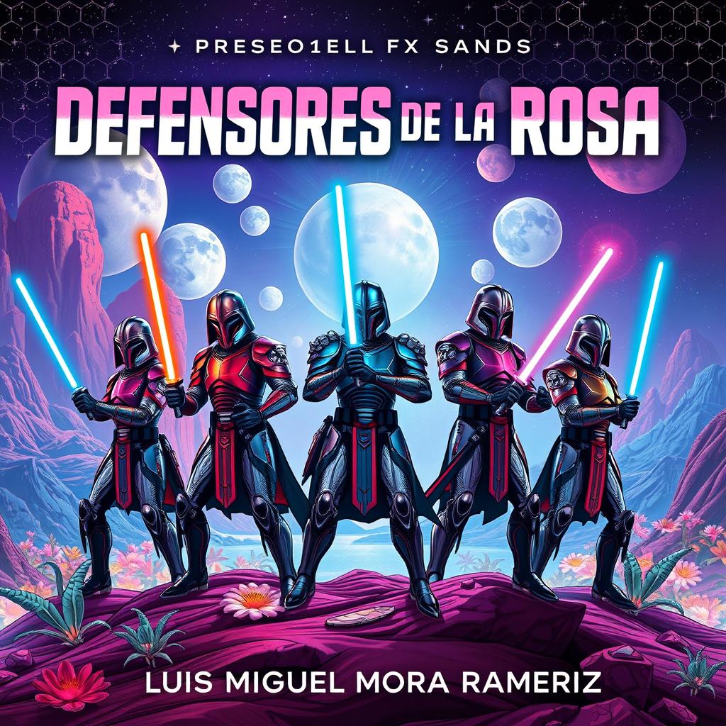 A cover for a sci-fi novel titled "Defensores de la Rosa" by Luis Miguel Mora Ramirez, illustrating five male warriors in futuristic armors