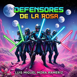 A cover for a sci-fi novel titled "Defensores de la Rosa" by Luis Miguel Mora Ramirez, illustrating five male warriors in futuristic armors