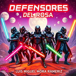 A cover for a sci-fi novel titled "Defensores de la Rosa" by Luis Miguel Mora Ramirez, illustrating five male warriors in futuristic armors