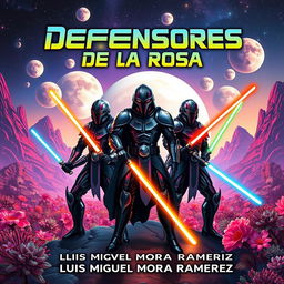 A cover for a sci-fi novel titled "Defensores de la Rosa" by Luis Miguel Mora Ramirez, illustrating five male warriors in futuristic armors