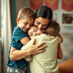 A heartwarming scene of a mother embracing her children, capturing a moment of love and tenderness