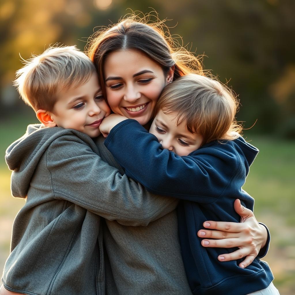 A heartwarming scene of a mother embracing her children, capturing a moment of love and tenderness