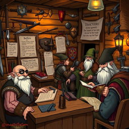 A bustling work agency for retired adventurers in a medieval fantasy world