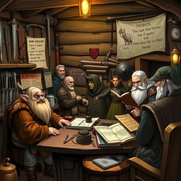 A bustling work agency for retired adventurers in a medieval fantasy world