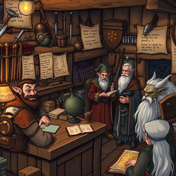 A bustling work agency for retired adventurers in a medieval fantasy world