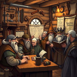 A bustling work agency for retired adventurers in a medieval fantasy world