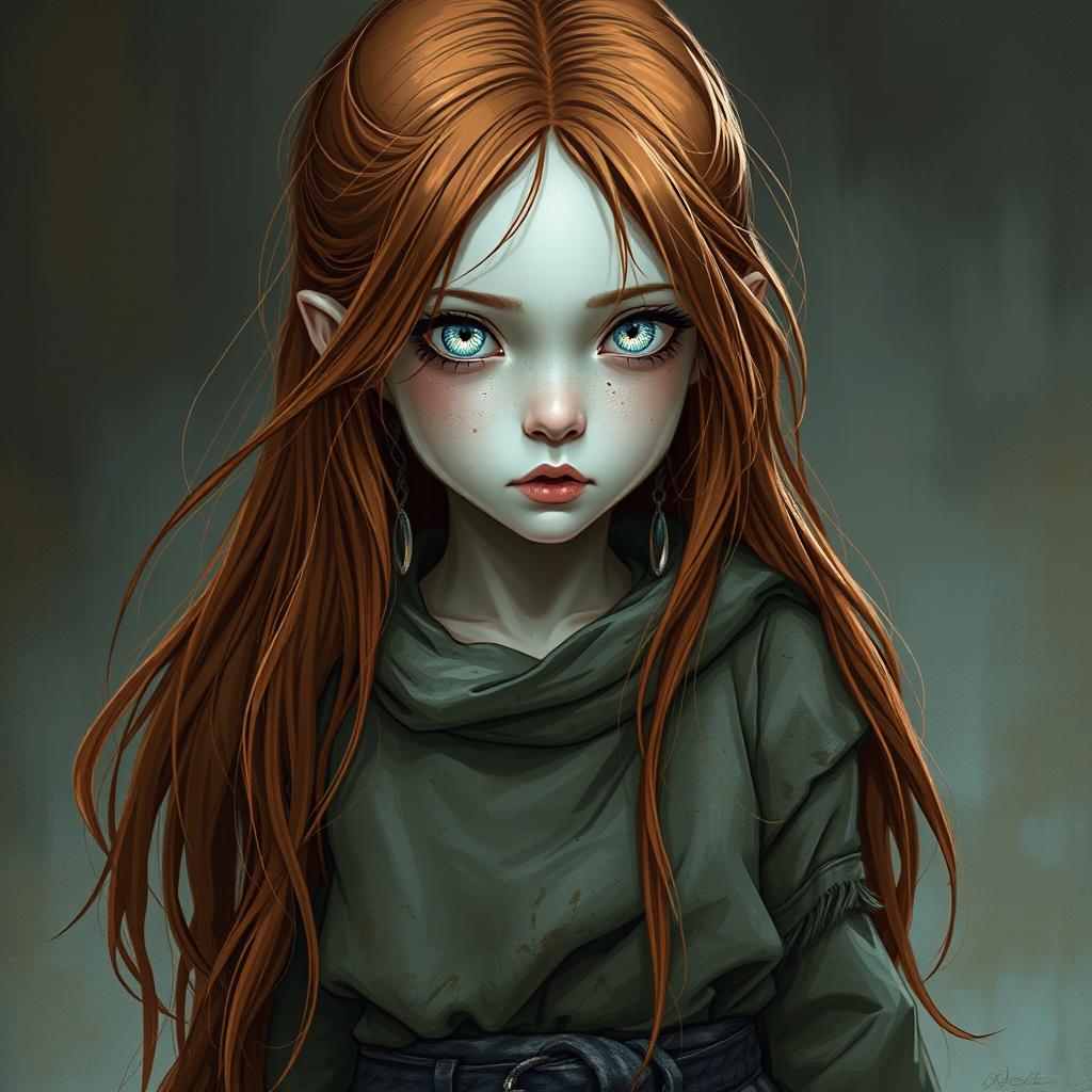 Elara is a small, enigmatic girl captured in the style of DnD character art