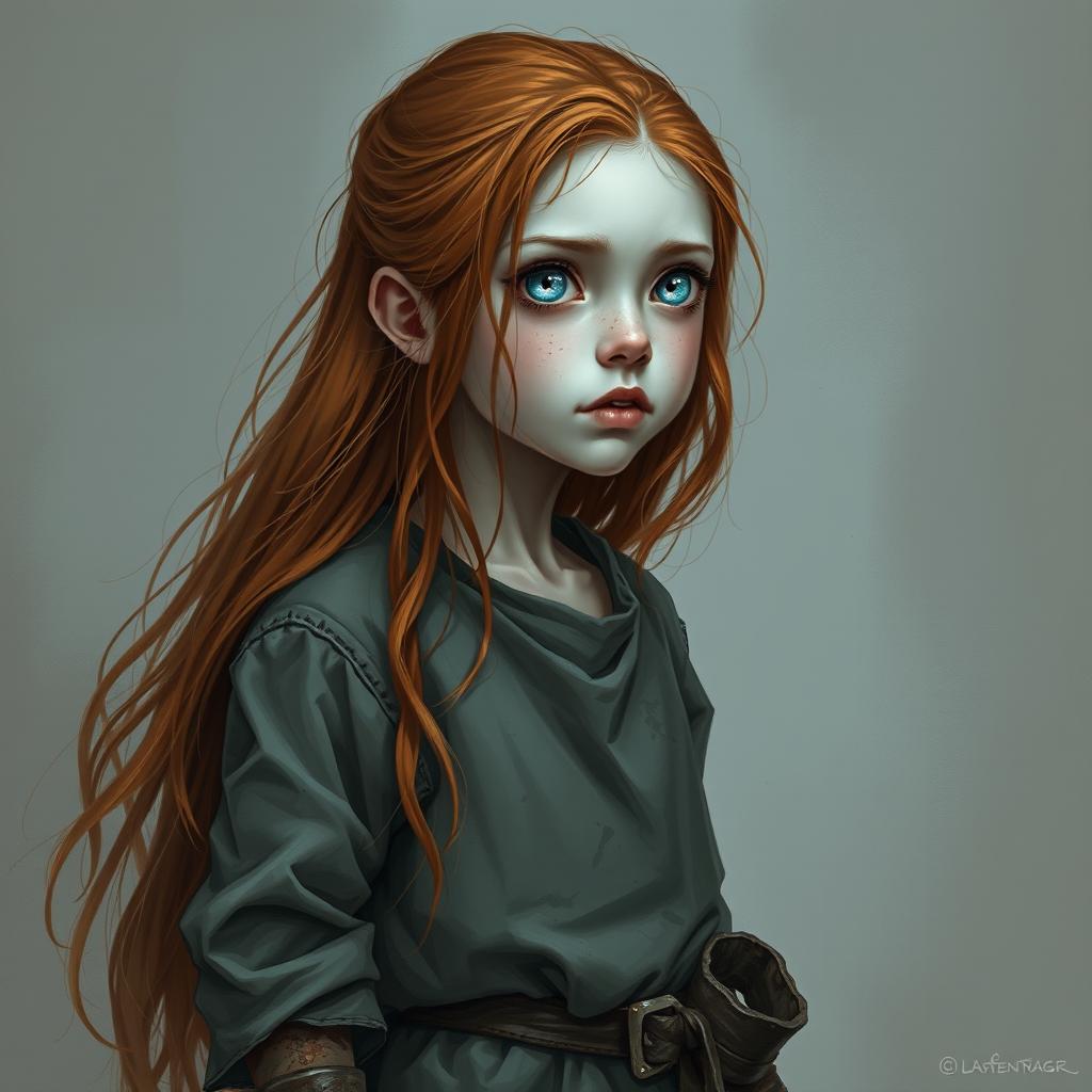 Elara is a small, enigmatic girl captured in the style of DnD character art