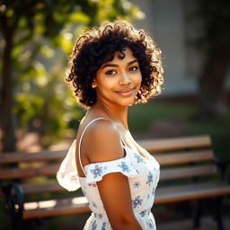 A 20-year-old woman with black short curly hair and tan skin, standing outdoors with a bench in the background