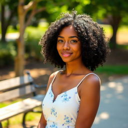 A 20-year-old woman with black short curly hair and tan skin, standing outdoors with a bench in the background