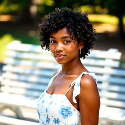 A 20-year-old woman with black short curly hair and tan skin, standing outdoors with a bench in the background