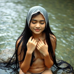 A beautiful 19-year-old Indonesian woman with fair skin and long black hair cascading down her back, sitting on a rock in a clear river