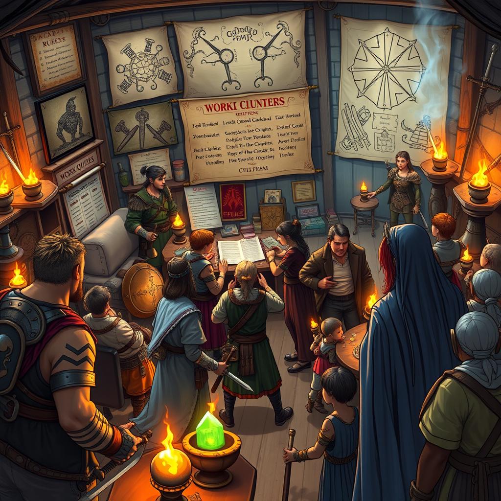 A lively work agency for adventurers in a medieval fantasy world