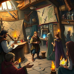 A lively work agency for adventurers in a medieval fantasy world