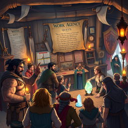 A lively work agency for adventurers in a medieval fantasy world