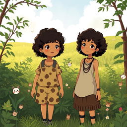 Two sisters depicted in a stylized anime manner with inspiration taken from Totoro's sister style