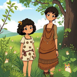 Two sisters depicted in a stylized anime manner with inspiration taken from Totoro's sister style