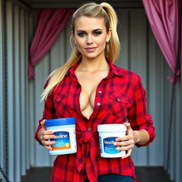 A close-up torso shot of a gorgeous female with a blonde ponytail, wearing a red plaid button-up shirt tied in the front, revealing a large bust with visible cleavage