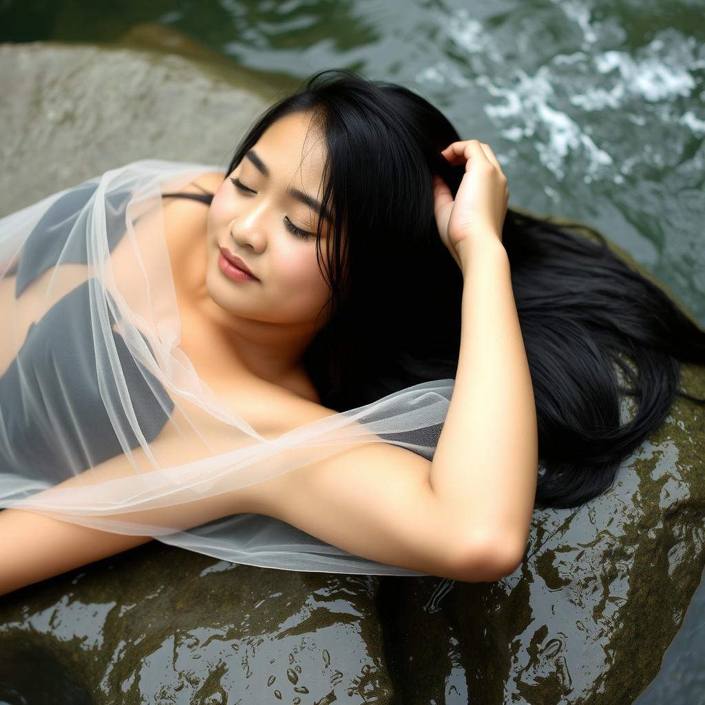 A beautiful 19-year-old Indonesian girl lying on a river rock, with long black hair cascading down her back