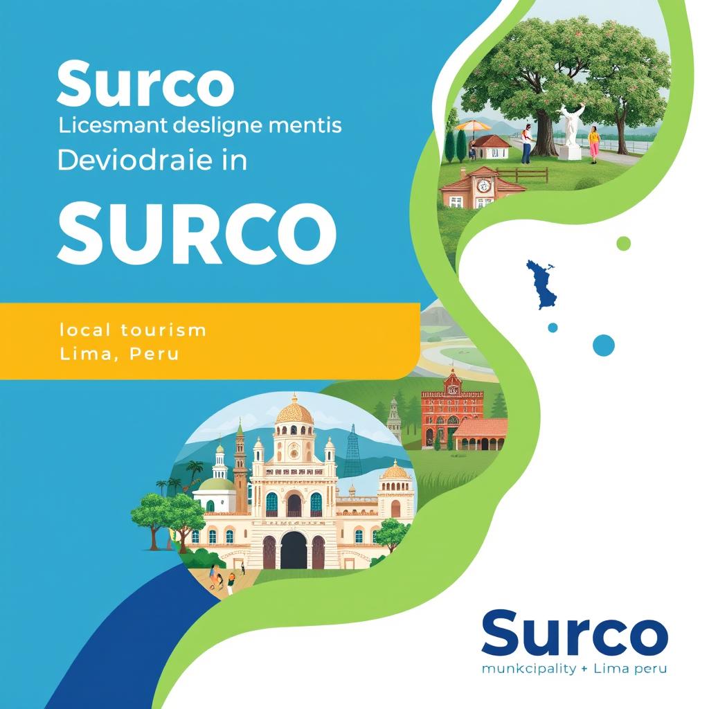 Cover design for a local tourism development plan for Surco municipality in Lima, Peru, featuring a harmonious blend of blue, green, and white colors